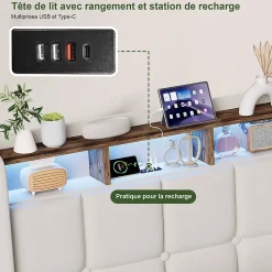 ProximaX Lit Coffre 160x200 cm en Tissu avec Rangement, Tête de Lit avec LED, USB et Type-C, Sommier Relevable à Vérins, Beige Clearance