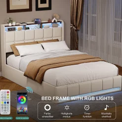 ProximaX Lit Coffre 160x200 cm en Tissu avec Rangement, Tête de Lit avec LED, USB et Type-C, Sommier Relevable à Vérins, Beige Clearance