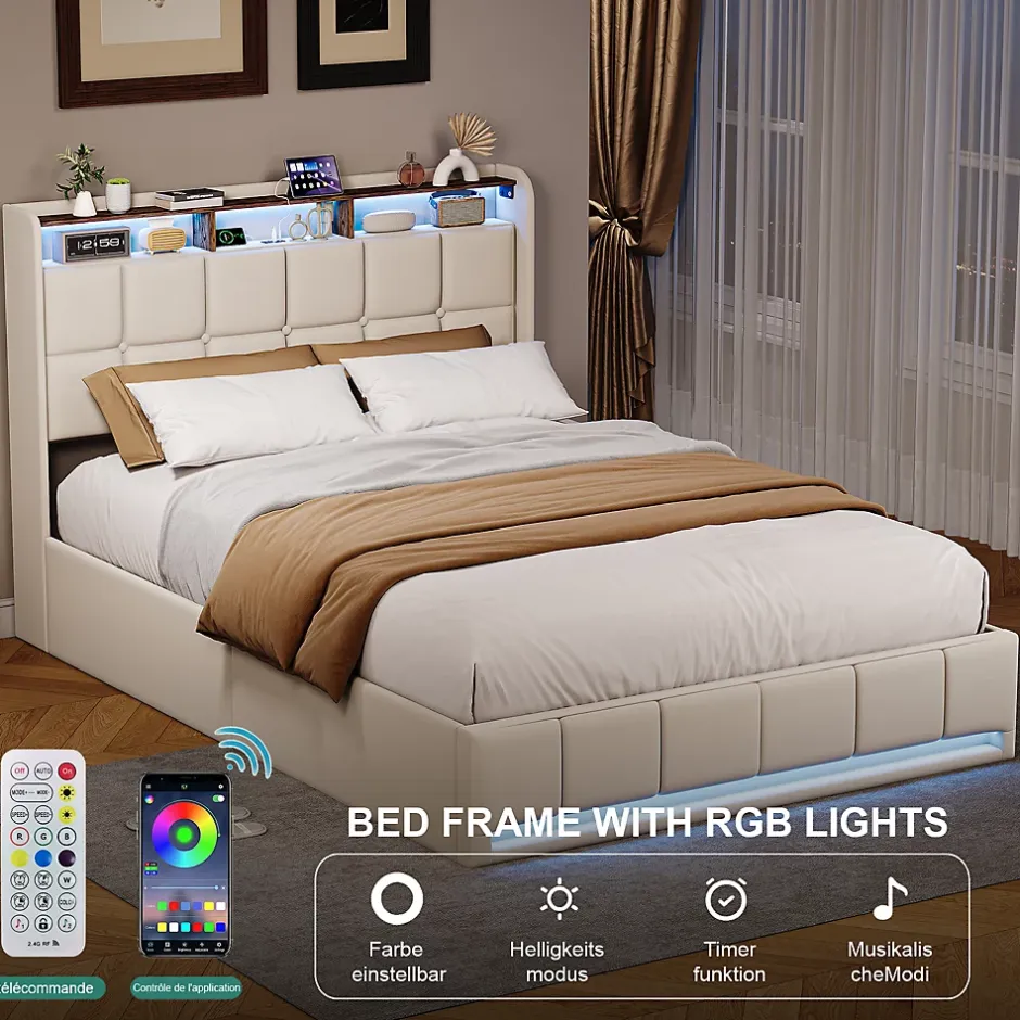 ProximaX Lit Coffre 160x200 cm en Tissu avec Rangement, Tête de Lit avec LED, USB et Type-C, Sommier Relevable à Vérins, Beige Clearance