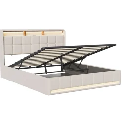 ProximaX Lit Coffre 160x200 cm en Tissu avec Rangement, Tête de Lit avec LED, USB et Type-C, Sommier Relevable à Vérins, Beige Clearance
