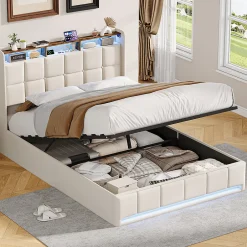 ProximaX Lit Coffre 160x200 cm en Tissu avec Rangement, Tête de Lit avec LED, USB et Type-C, Sommier Relevable à Vérins, Beige Clearance