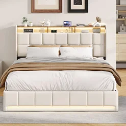 ProximaX Lit Coffre 160x200 cm en Tissu avec Rangement, Tête de Lit avec LED, USB et Type-C, Sommier Relevable à Vérins, Beige Clearance