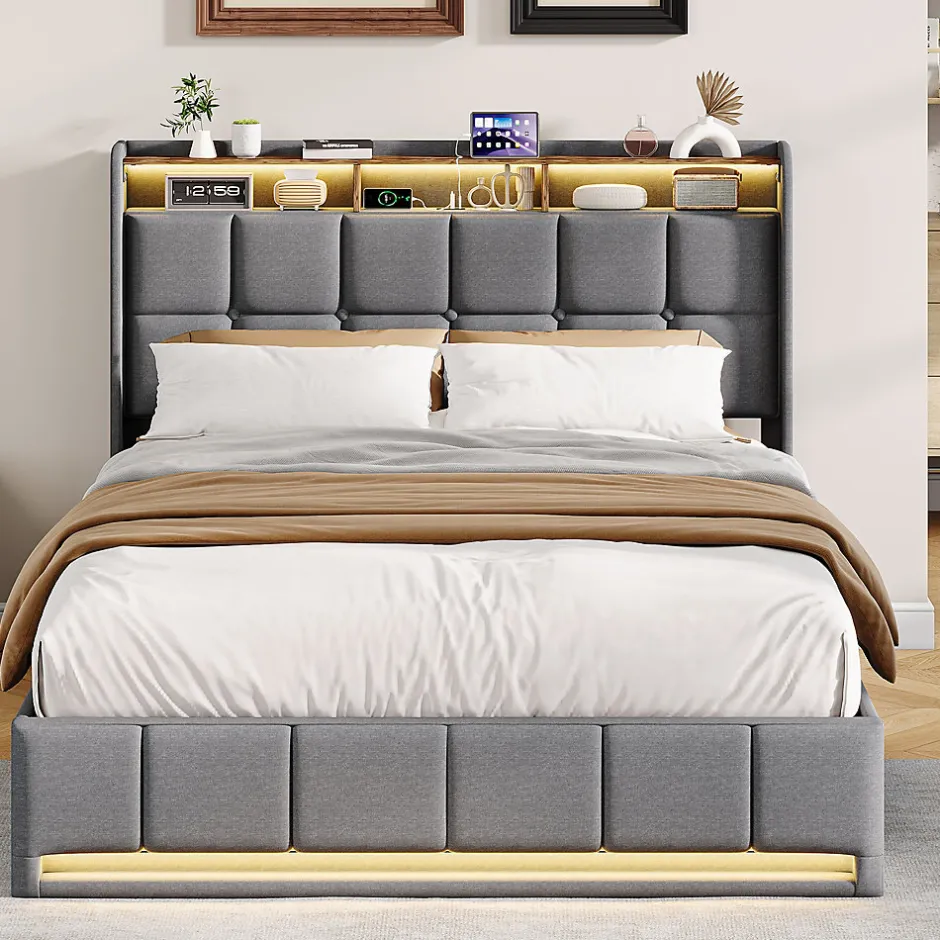 ProximaX Lit Coffre 140x190 cm en Tissu avec Rangement, LED, USB et Type-C, lit double avec Sommier Relevable à Vérins, Gris