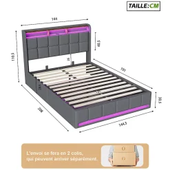 ProximaX Lit Coffre 140x190 cm en Tissu avec Rangement, LED, USB et Type-C, lit double avec Sommier Relevable à Vérins, Gris