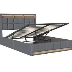 ProximaX Lit Coffre 140x190 cm en Tissu avec Rangement, LED, USB et Type-C, lit double avec Sommier Relevable à Vérins, Gris