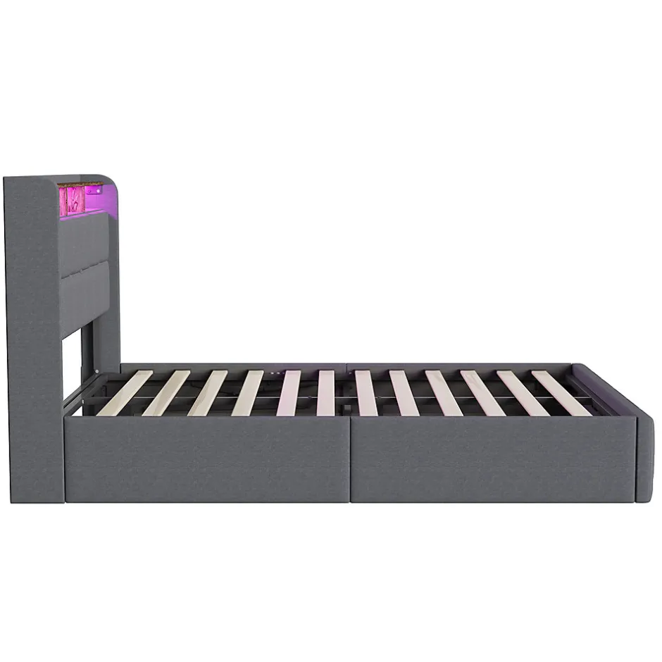 ProximaX Lit Coffre 140x190 cm en Tissu avec Rangement, LED, USB et Type-C, lit double avec Sommier Relevable à Vérins, Gris