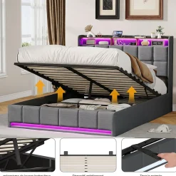ProximaX Lit Coffre 140x190 cm en Tissu avec Rangement, LED, USB et Type-C, lit double avec Sommier Relevable à Vérins, Gris