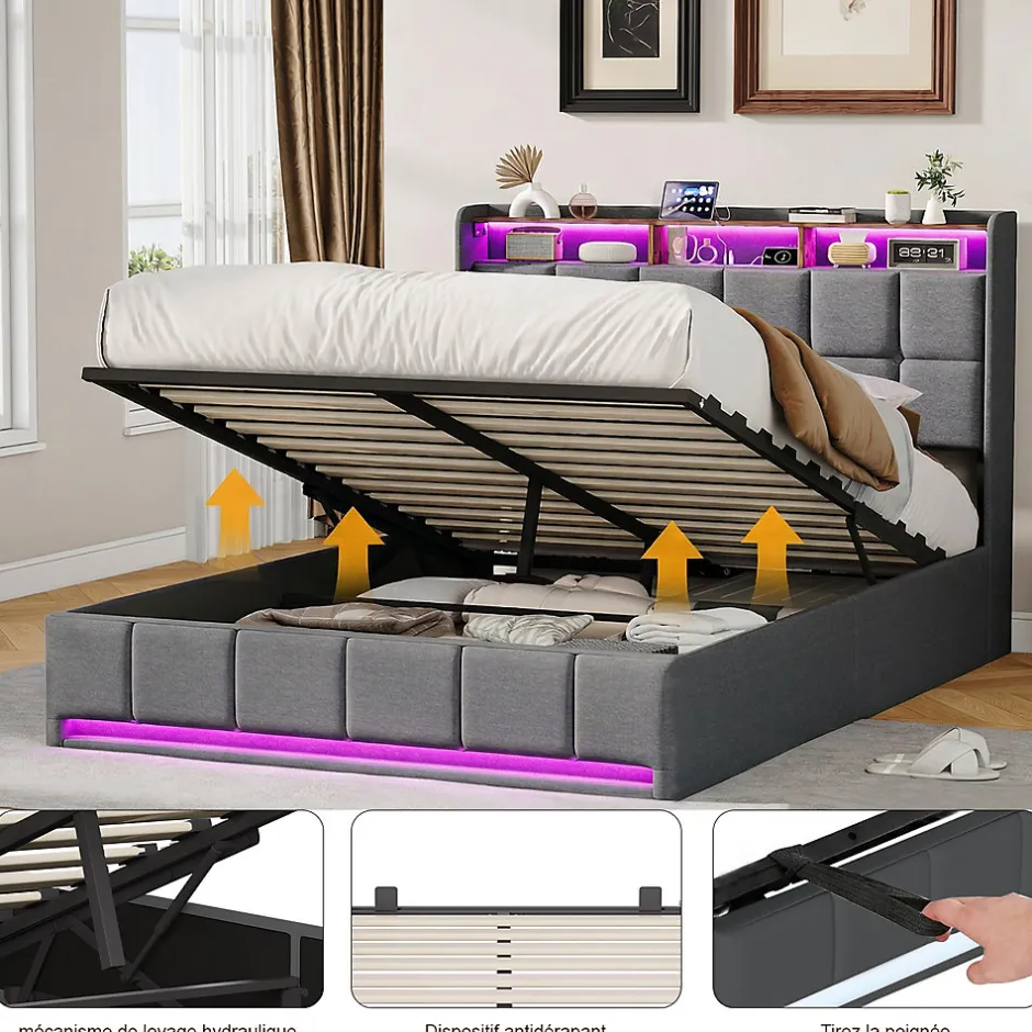 ProximaX Lit Coffre 140x190 cm en Tissu avec Rangement, LED, USB et Type-C, lit double avec Sommier Relevable à Vérins, Gris