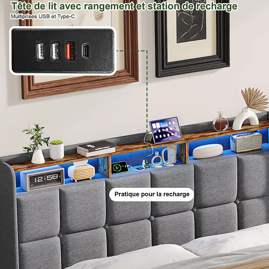 ProximaX Lit Coffre 140x190 cm en Tissu avec Rangement, LED, USB et Type-C, lit double avec Sommier Relevable à Vérins, Gris