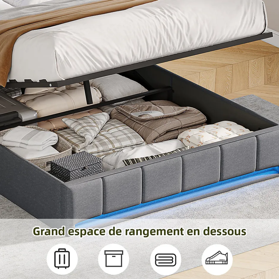 ProximaX Lit Coffre 140x190 cm en Tissu avec Rangement, LED, USB et Type-C, lit double avec Sommier Relevable à Vérins, Gris