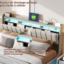 Simple Life Lit coffre 160x200 cm en tissu velours gris avec tête de lit rembourrée, LED intégrées, rangement pratique, prise USB Outlet