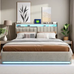 Simple Life Lit coffre 160x200 cm en tissu velours gris avec tête de lit rembourrée, LED intégrées, rangement pratique, prise USB Outlet