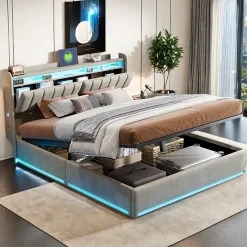 Simple Life Lit coffre 160x200 cm en tissu velours gris avec tête de lit rembourrée, LED intégrées, rangement pratique, prise USB Outlet