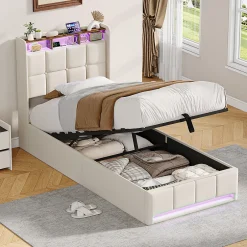 ProximaX Lit Coffre 90x200 cm en Tissu avec Rangement, Tête de Lit avec LED, USB et Type-C, Sommier Relevable à Vérins, Beige Discount