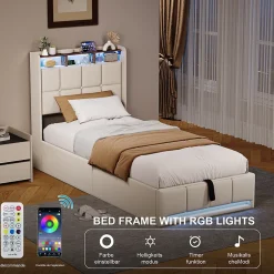 ProximaX Lit Coffre 90x200 cm en Tissu avec Rangement, Tête de Lit avec LED, USB et Type-C, Sommier Relevable à Vérins, Beige Discount