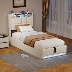ProximaX Lit Coffre 90x200 cm en Tissu avec Rangement, Tête de Lit avec LED, USB et Type-C, Sommier Relevable à Vérins, Beige Discount