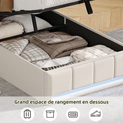 ProximaX Lit Coffre 90x200 cm en Tissu avec Rangement, Tête de Lit avec LED, USB et Type-C, Sommier Relevable à Vérins, Beige Discount