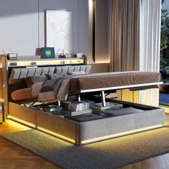 ProximaX Lit coffre 160x200 cm en tissu velours avec rangement pratique, tête de lit rembourrée, lit double avec LED et prise USB, Gris