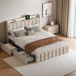 ProximaX Lit coffre 160x200 cm en tissu beige avec tête rembourrée, LED, ports USB, 4 tiroirs et sommier à lattes, sans matelas Online