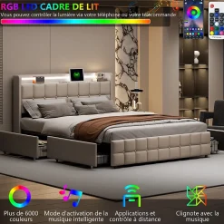 ProximaX Lit coffre 160x200 cm en tissu beige avec tête rembourrée, LED, ports USB, 4 tiroirs et sommier à lattes, sans matelas Online