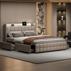 ProximaX Lit coffre 160x200 cm en tissu beige avec tête rembourrée, LED, ports USB, 4 tiroirs et sommier à lattes, sans matelas Online