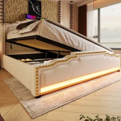 Redom Lit coffre 160x200 cm en velours beige avec rangement hydraulique eclairage LED multicolore et ports USB C