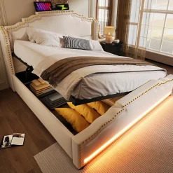 Redom Lit coffre 160x200 cm en velours beige avec rangement hydraulique eclairage LED multicolore et ports USB C