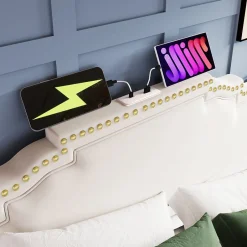 Redom Lit coffre 160x200 cm en velours beige avec rangement hydraulique eclairage LED multicolore et ports USB C