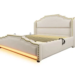 Redom Lit coffre 160x200 cm en velours beige avec rangement hydraulique eclairage LED multicolore et ports USB C