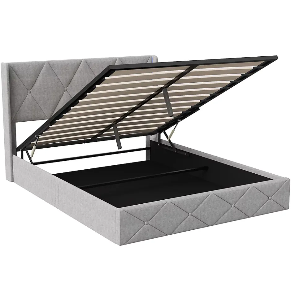 ProximaX Lit coffre 160x200 cm en velours gris givré avec lampe latérale sur la tête de lit, rangement hydraulique, facile à monter New