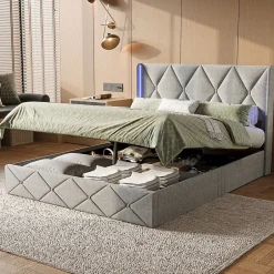 ProximaX Lit coffre 160x200 cm en velours gris givré avec lampe latérale sur la tête de lit, rangement hydraulique, facile à monter New