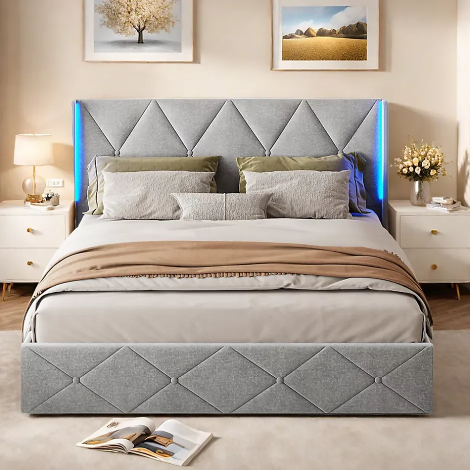ProximaX Lit coffre 160x200 cm en velours gris givré avec lampe latérale sur la tête de lit, rangement hydraulique, facile à monter New