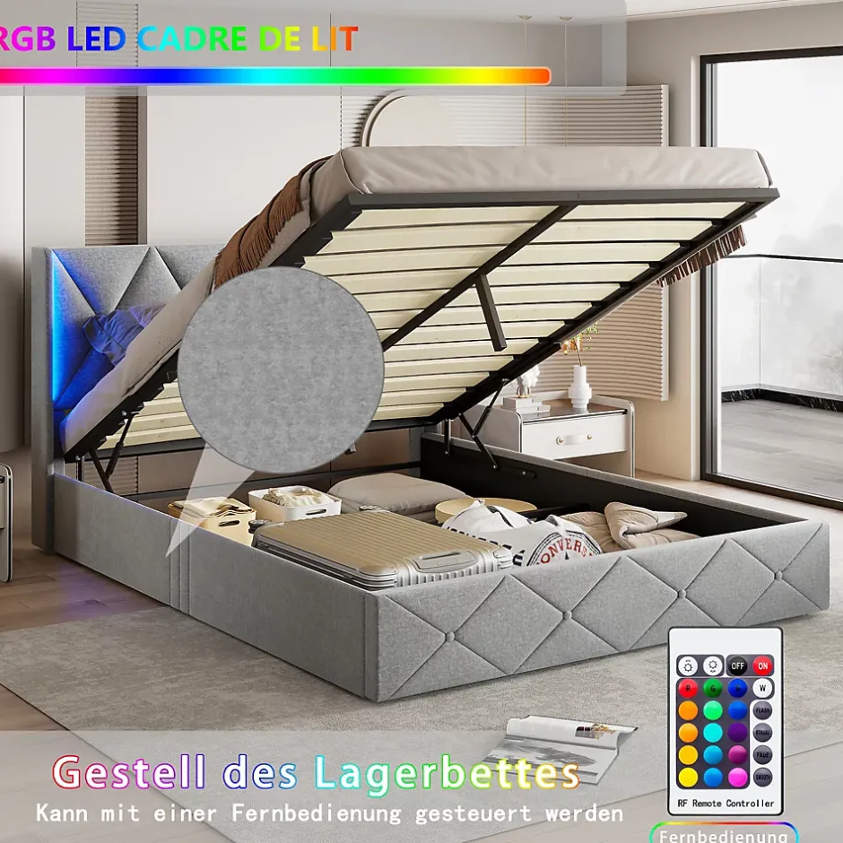 ProximaX Lit coffre 160x200 cm en velours gris givré avec lampe latérale sur la tête de lit, rangement hydraulique, facile à monter New