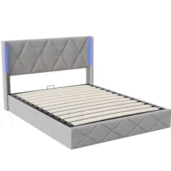 ProximaX Lit coffre 160x200 cm en velours gris givré avec lampe latérale sur la tête de lit, rangement hydraulique, facile à monter New