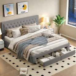 ProximaX Lit coffre 180x200 cm en velours gris avec tête de lit réglable, tiroirs et sommier à lattes en bois