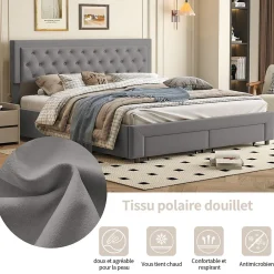 ProximaX Lit coffre 180x200 cm en velours gris avec tête de lit réglable, tiroirs et sommier à lattes en bois