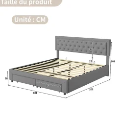 ProximaX Lit coffre 180x200 cm en velours gris avec tête de lit réglable, tiroirs et sommier à lattes en bois