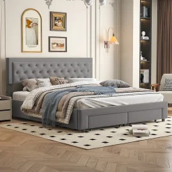 ProximaX Lit coffre 180x200 cm en velours gris avec tête de lit réglable, tiroirs et sommier à lattes en bois