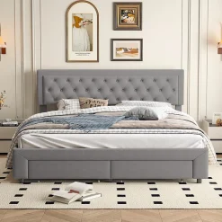 ProximaX Lit coffre 180x200 cm en velours gris avec tête de lit réglable, tiroirs et sommier à lattes en bois