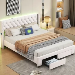ProximaX Lit coffre 140x190 cm en velours beige, tête de lit cloutée, 2 tiroirs, ports USB, poches latérales, bande LED amovible Sale