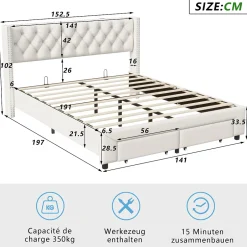 ProximaX Lit coffre 140x190 cm en velours beige, tête de lit cloutée, 2 tiroirs, ports USB, poches latérales, bande LED amovible Sale