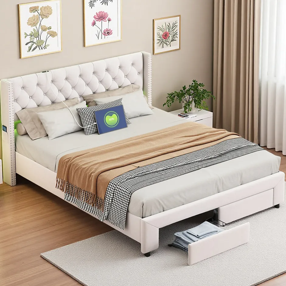 ProximaX Lit coffre 140x190 cm en velours beige, tête de lit cloutée, 2 tiroirs, ports USB, poches latérales, bande LED amovible