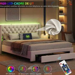 ProximaX Lit coffre 140x190 cm en velours beige, tête de lit cloutée, 2 tiroirs, ports USB, poches latérales, bande LED amovible