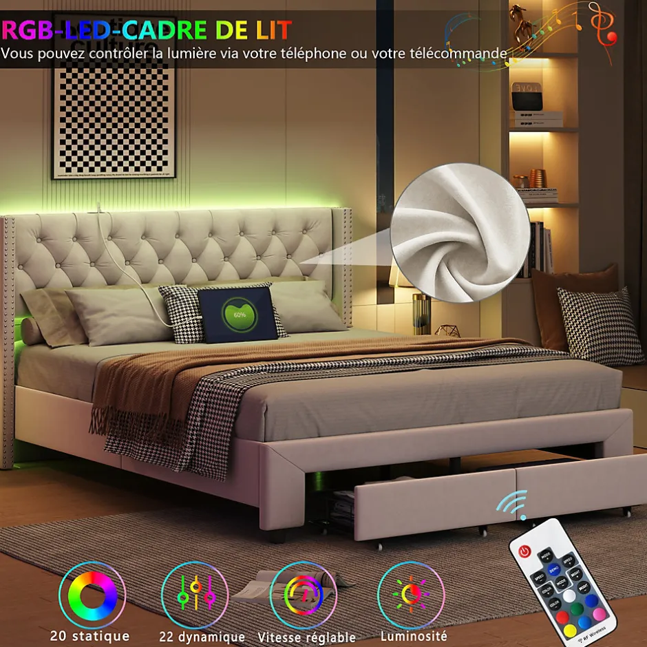 ProximaX Lit coffre 140x190 cm en velours beige, tête de lit cloutée, 2 tiroirs, ports USB, poches latérales, bande LED amovible