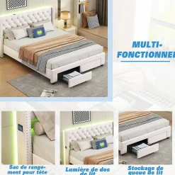 ProximaX Lit coffre 140x190 cm en velours beige, tête de lit cloutée, 2 tiroirs, ports USB, poches latérales, bande LED amovible