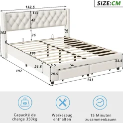 ProximaX Lit coffre 140x190 cm en velours beige, tête de lit cloutée, 2 tiroirs, ports USB, poches latérales, bande LED amovible