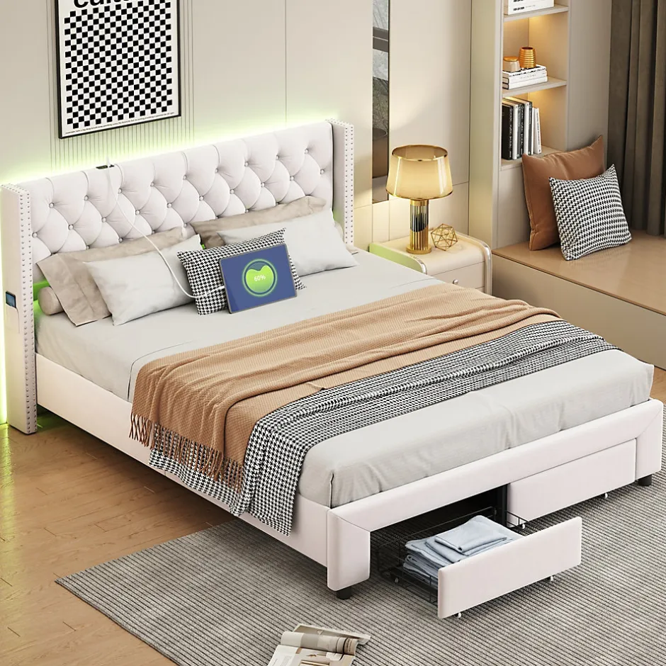 ProximaX Lit coffre 140x190 cm en velours beige, tête de lit cloutée, 2 tiroirs, ports USB, poches latérales, bande LED amovible