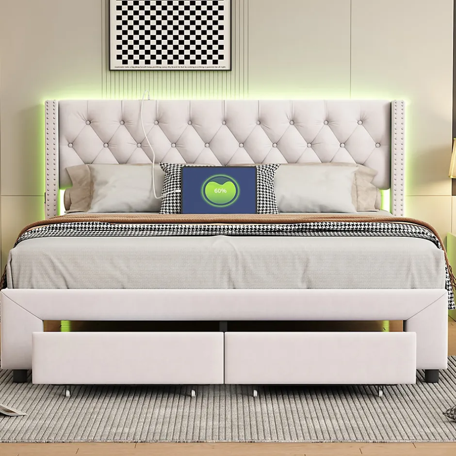 ProximaX Lit coffre 140x190 cm en velours beige, tête de lit cloutée, 2 tiroirs, ports USB, poches latérales, bande LED amovible