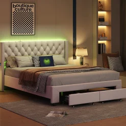 ProximaX Lit coffre 140x190 cm en velours beige, tête de lit cloutée, 2 tiroirs, ports USB, poches latérales, bande LED amovible