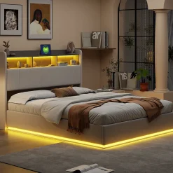 ProximaX Lit coffre 140x200 cm en velours avec tête de lit rangements, LED, ports USB, Lit double avec espace de rangement, Blanc